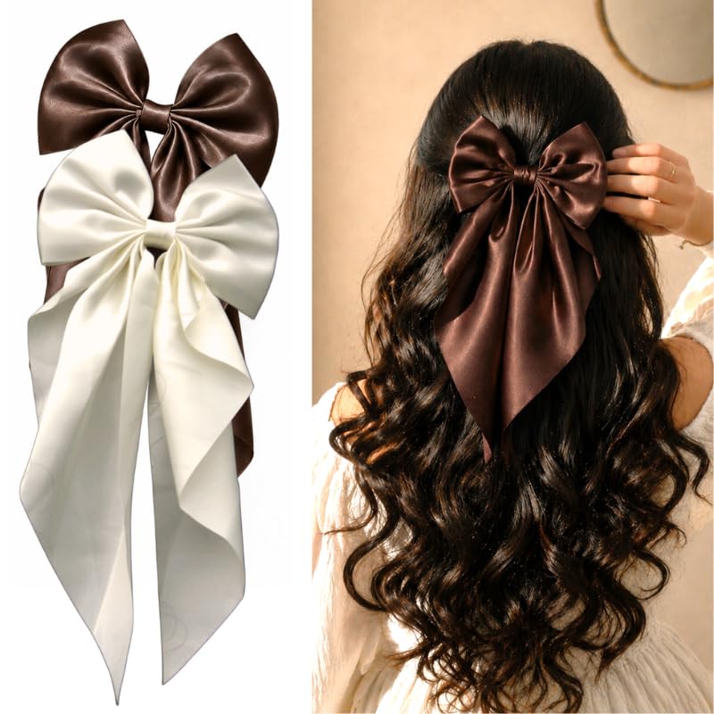 2 Pack Off White & Brown Satin Hair Bow Clips for Women, Luxury Silky Satin, Hair Clip - Hair Bow Clips for Women and Girls, Cute Hair Accessories for Girls, Hair Bows for Women, Bow Hair Clips-image-34