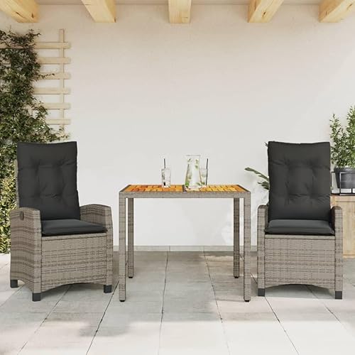 3 Piece Patio Dining Set, Gray Poly Rattan with Cushions,