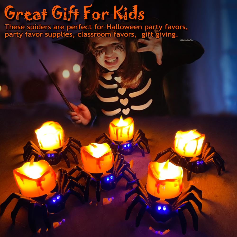 Confezione da 6 candele a LED senza fiamma, a forma di ragno, 3D, con luci gialle calde e viola, funzionamento a batteria, per casa, Halloween, decorazioni natalizie