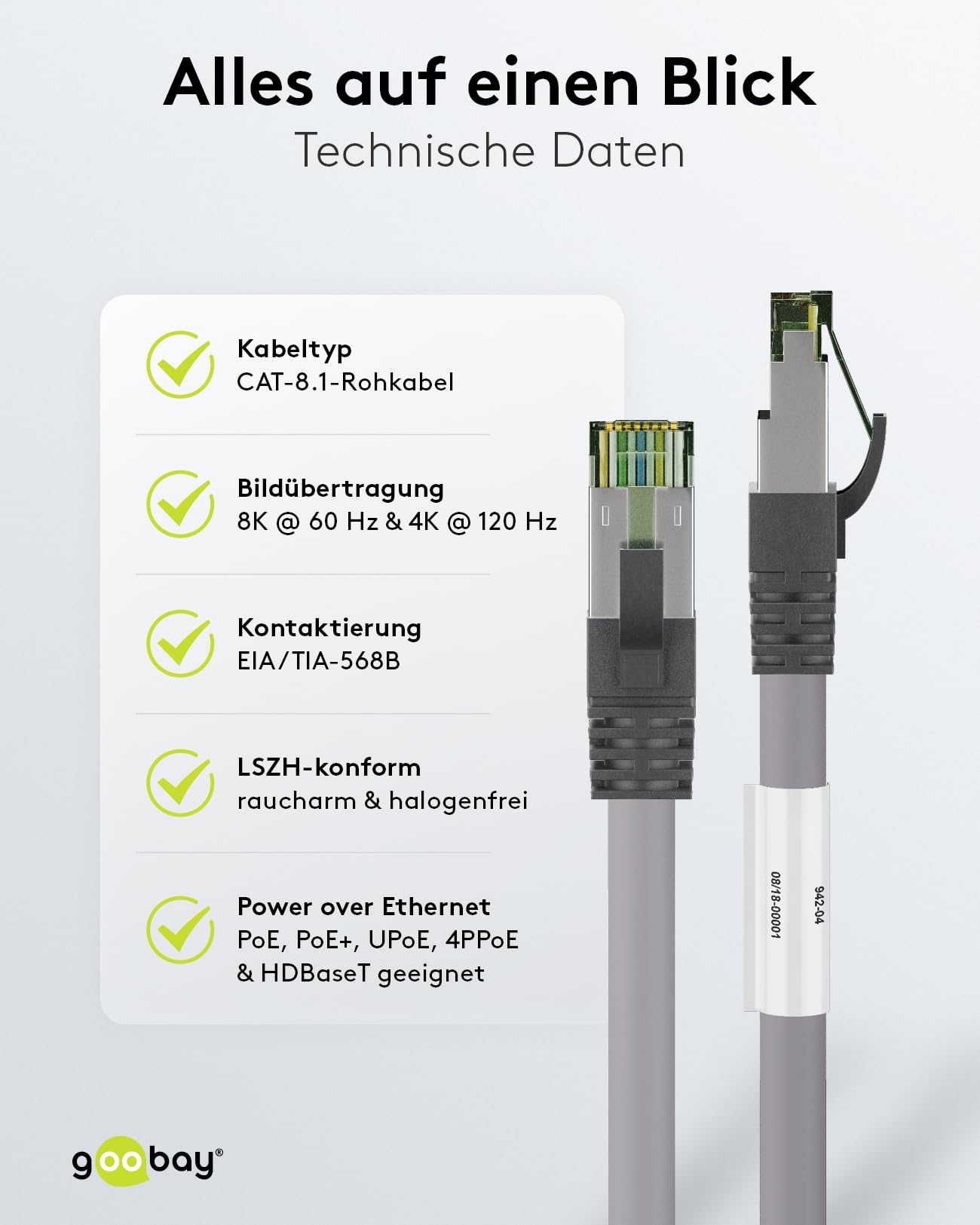 Goobay 55143 RJ45 kabel krosowy z kablem surowym CAT 8.1 S/FTP/wtyczka RJ45 / 8K Gaming PS5 Playstation 5/2000 MHz/kabel sieciowy OFC/szary/kabel LAN 20 m