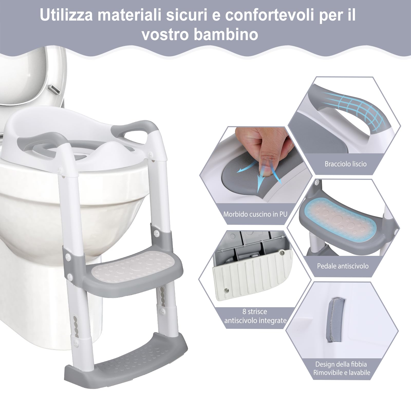 DEANIC Riduttore WC Bambini con Scaletta, Riduttore Water Bambini, Adattatore wc per Bambini Cuscino morbido PU, Applicabile All'altezza Della Toilette 38-47cm Grigio