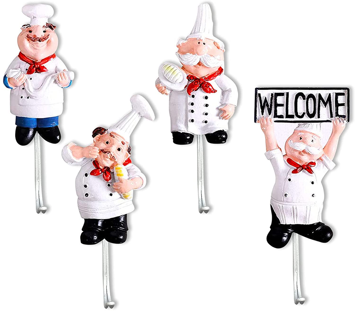 Pack of 4 Resin French Chef Figurine Wall Hooks Decorative Cook Wall Mount Rack Hook Hanger， Cute Hanger Hook(Assorted Style)