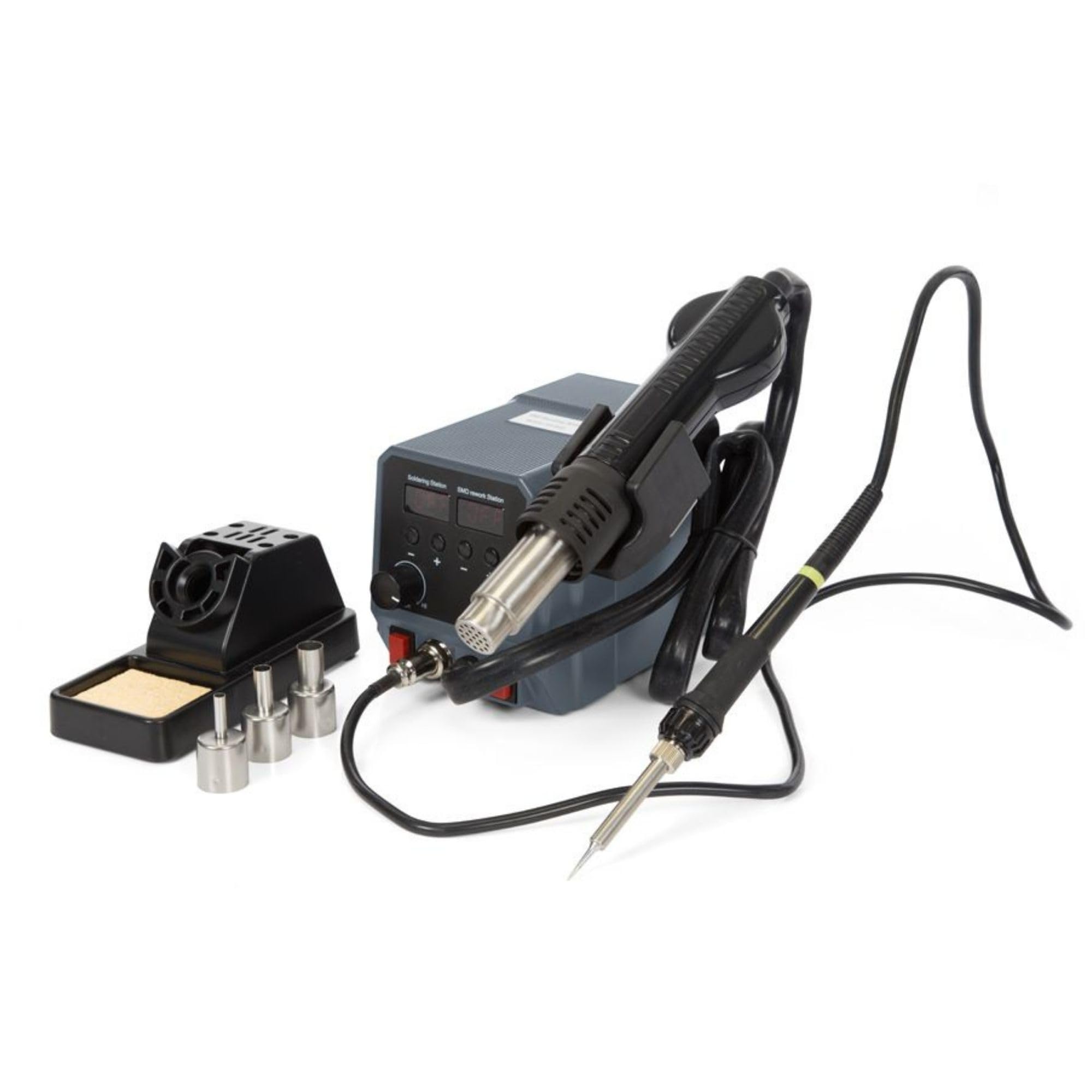 Velleman Stazione di saldatura 2-in-1 multifunzione con saldatore da 60W e pistola ad aria calda da 300W, controllo temperatura a microprocessore, ideale per SMD, PCB ed elettronica