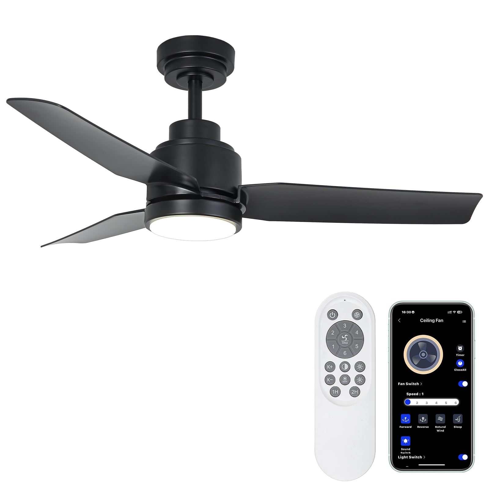 Vaczon Black Ceiling Fans with Lights, 42 Inch Modern Ceiling Fan with Remote for Bedroom, Living Room, Patio, Outdoor&Indoor, Dimmable 3 Color Ceiling Fans with 6 Speeds, Quiet DC Motor, Timer