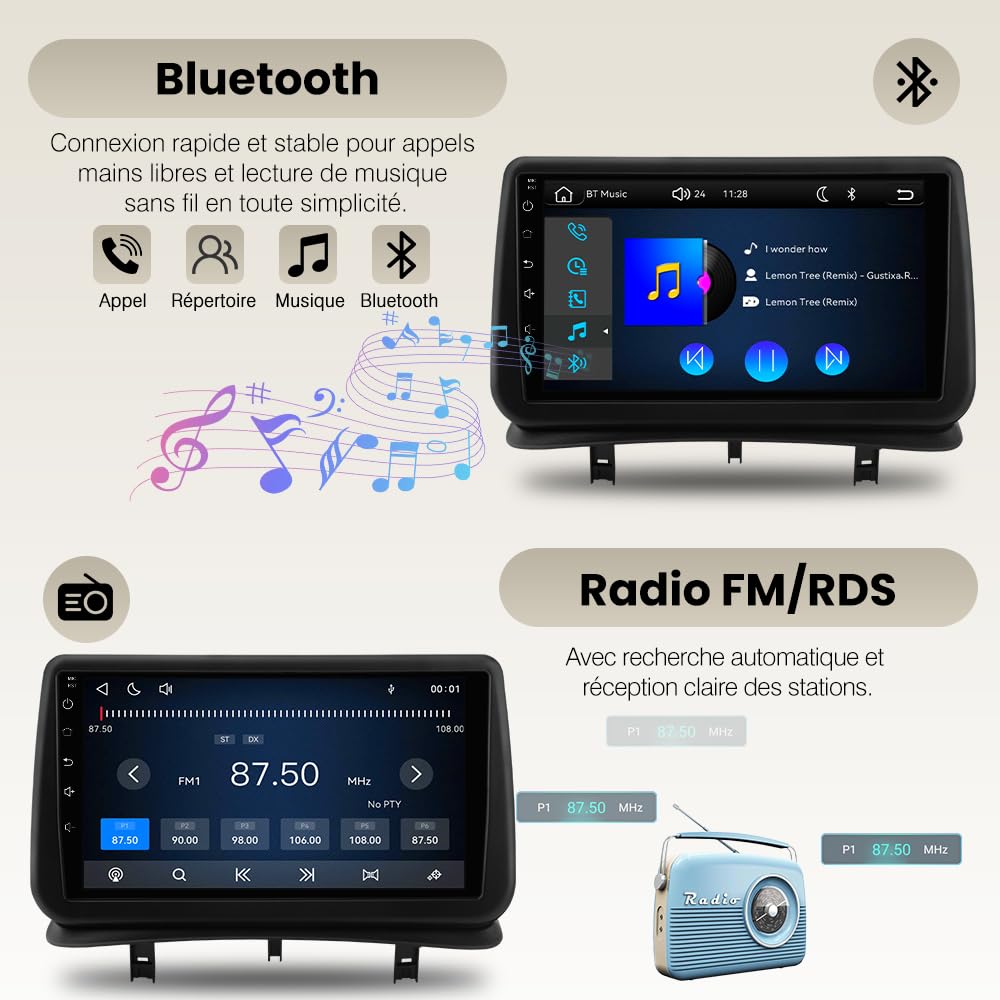 AWESAFE Autoradio pour Renault Clio III 2005-2014, 9 Pouces Écran Tactile HD, CarPlay & Android Auto sans Fil, Bluetooth, Caméra de recul, Commande au Volant, DSP, WiFi GPS