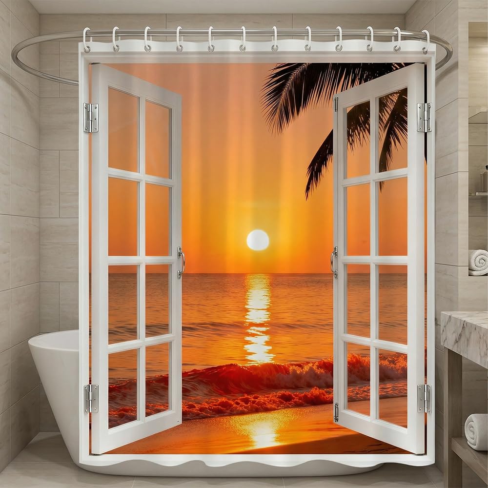 Rohxyzo Tropical Beach Scene Shower Curtain 180 x 180 cm, Polyester Fabric Bathroom Decor, Washable Wet Room Curtain with 12 Hooks, Coastal Holiday Style
