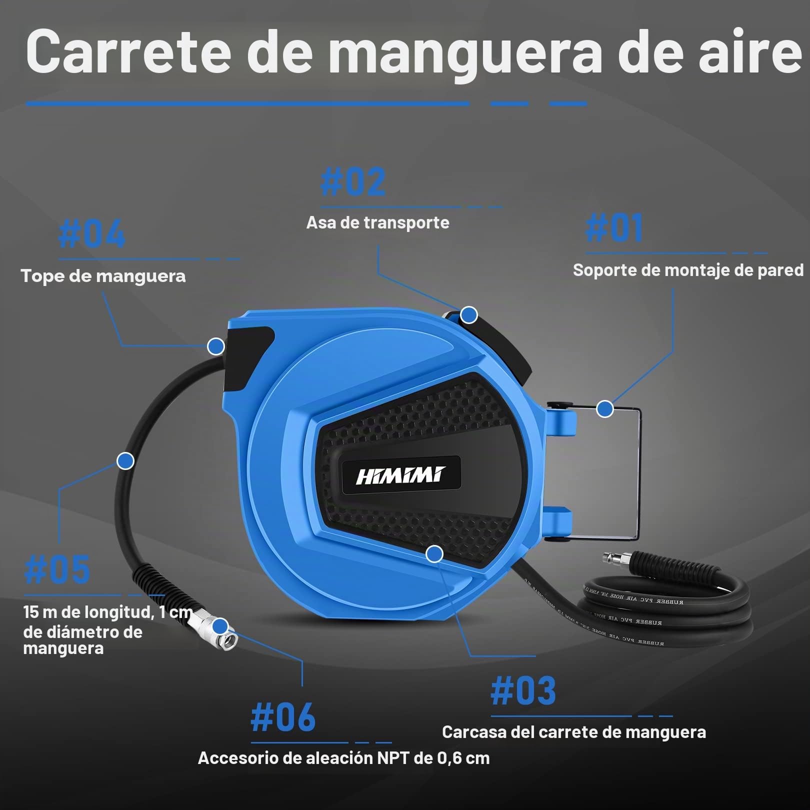 Carrete Automatico de Manguera de Aire Comprimido 15 m + 1.5 m, Carrete de Manguera de Neumática para la pared, Enrollador de Manguera de Aire por Taller, Conexión: 1/4", Max 12 bar, Φ9.5mm