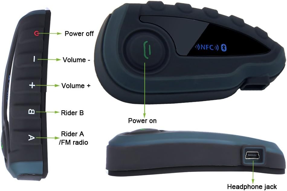 EJEAS V8 Intercom unit with labeled buttons and ports.