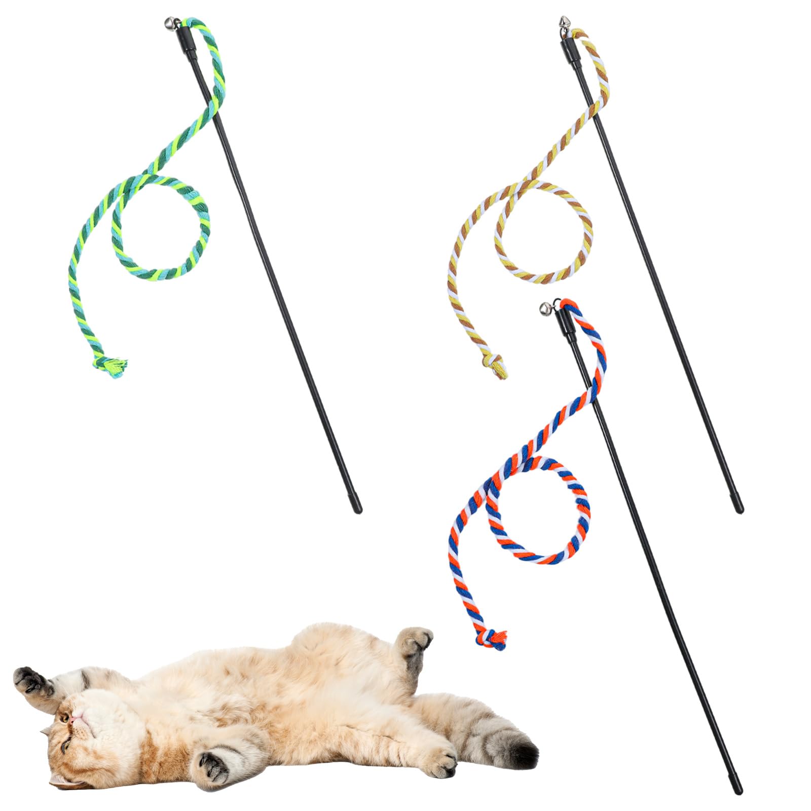 Elegaperma 3 Pcs Cat String Toy, Cat Wand Toy Colorful with Bell,Long Ribbon for Interactive Cats Toys Wand for Cats Active Play Chase Exercise