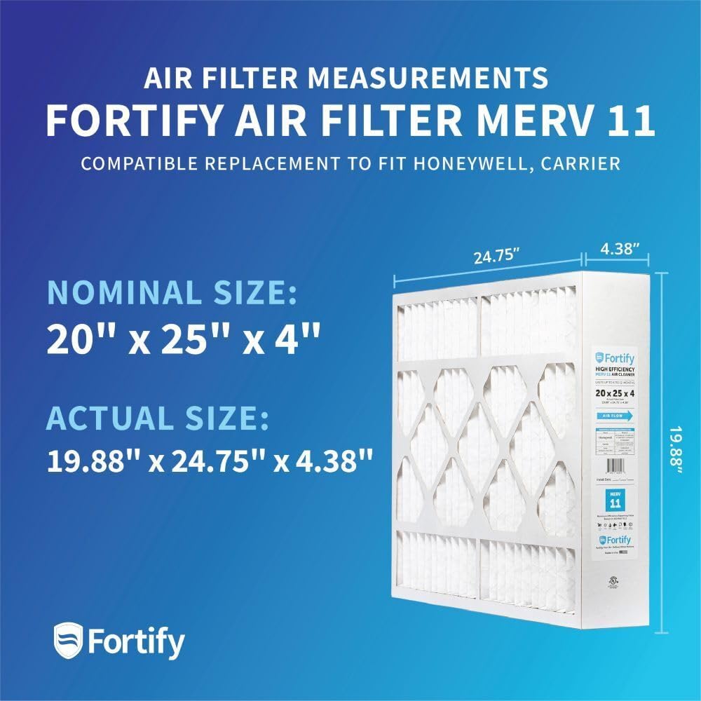 Fortify 20x25x4 MERV 11 Replacement for Honeywell FC100A1037 and Carrier Pleated HVAC AC Furnace Filters. (Quantity 1) Actual Size: 19.88 x 24.75 x 4.38