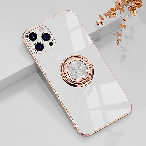 Miniatura 10 de Funda para iPhone 15 Plus con soporte de anillo con chapado de diamante brillante, borde de oro rosa integrado, soporte magnético de rotación 360