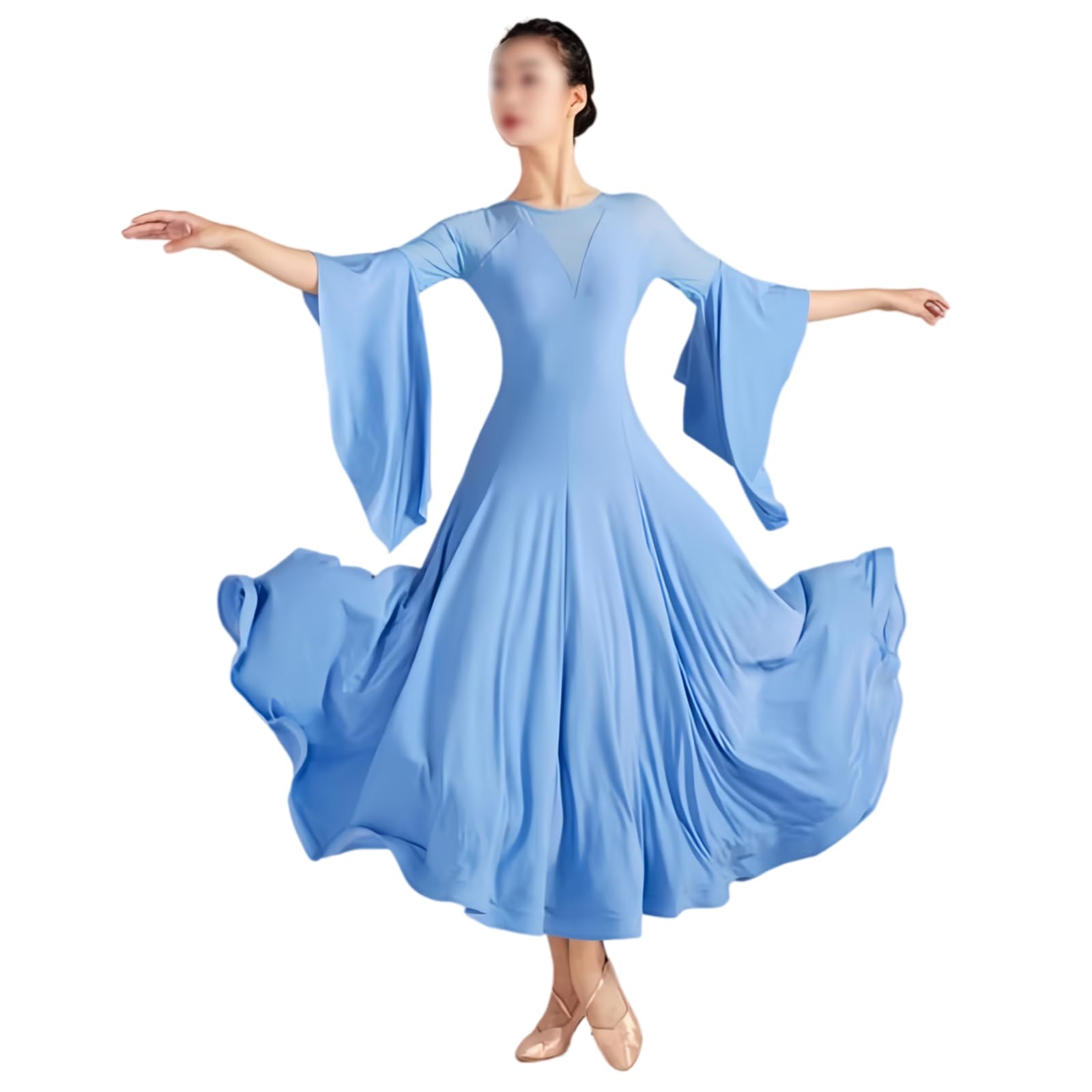 Damen Standard Tanzkleid, Elegantes Midi Kleid Mit Mesh-Einsatz Und Glockenärmeln Für Walzer Tango Foxtrott Training Und Auftritt