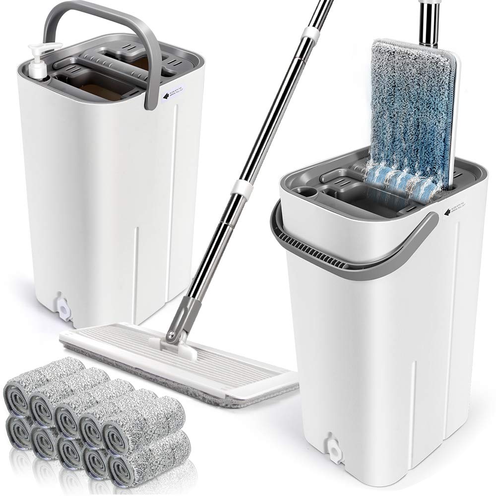 Flat Mop and Buckets Sets Dual Wash & Dry Cleaning Bucket with 10pcs Mop Pads Household Microfiber Flat Mop with Stainless Steel Handle for Hardwood Floor Cleaning