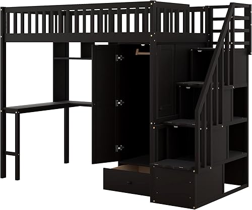 Miniatura 194 de Cama alta funcional tamaño individual con 2 cajones y 2 armarios, base de cama de madera maciza con barandilla de seguridad y escalera de