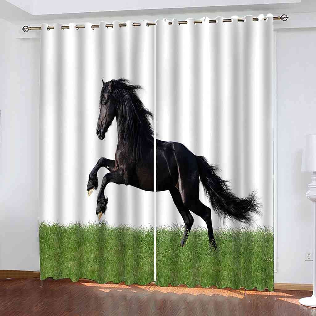 Rideau occultant anti bruit et froid motif cheval animal noir