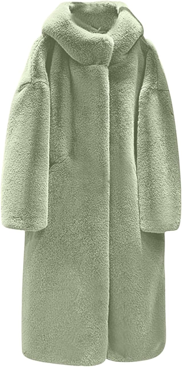 Women's Mid-length Fuzzy Jacket Ladies Long Faux Fur Coat Fashion Long Sleeve Solid Color Winter Hooded Overcoat Tops
