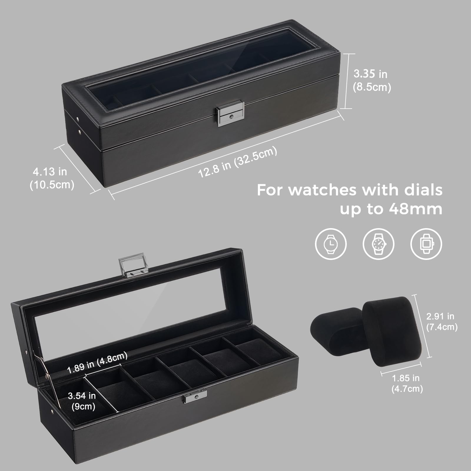Scatola porta orologi a 6 scomparti per uomo, organizer per orologi da uomo in pelle PU con morbido cuscino, contenitore per collezione di orologi con chiusura a chiave e coperchio in vetro,