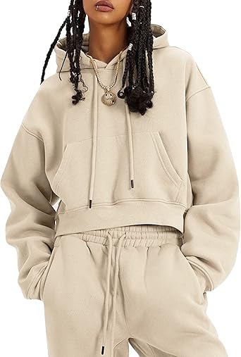 Flygo Womens Fleece 2 Piece Outfits Sweatsuit Crop Pullover Sweatshirt Joggers Pants Tracksuit Set