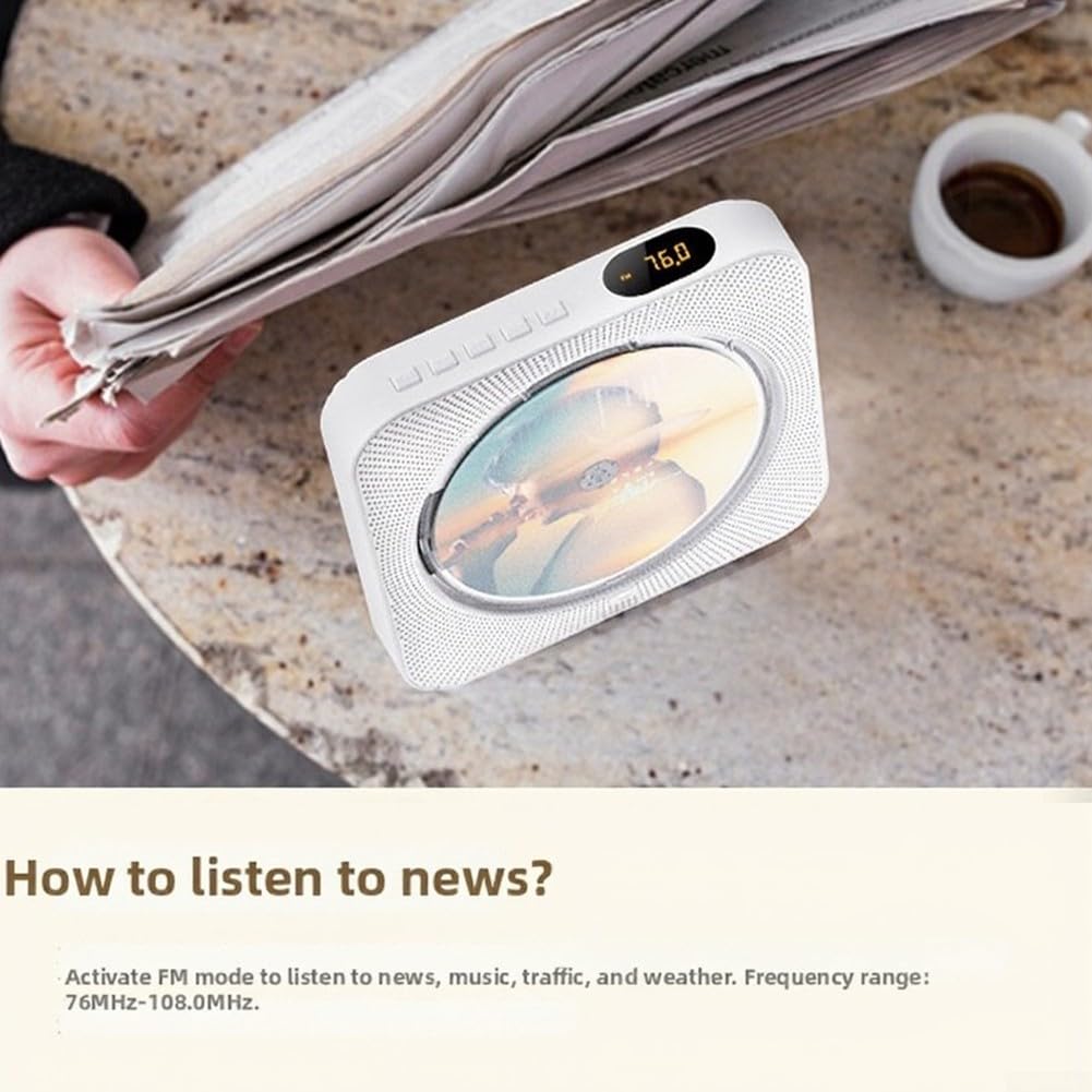 Lettore CD portatile, lettore di dischi musicali compatto con telecomando (bianco) | Telecomando portatile compatto per riproduzione wireless per interni
