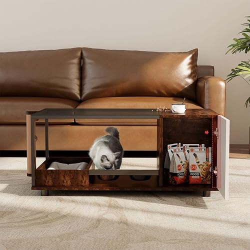 Miniatura 5 de DOICAH Mesa de centro de cristal con poste rascador para gatos,Mesa de centro de madera con almacenamiento,Mesas de centro pequeñas para sala de