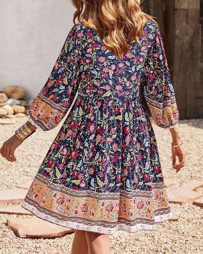 Image of BTFBM Women Casual Spring Summer Dresses V Neck 3 /4 Long Sleeve Ruffle Floral Flowy Boho Babydoll Mini Short Beach Dress
