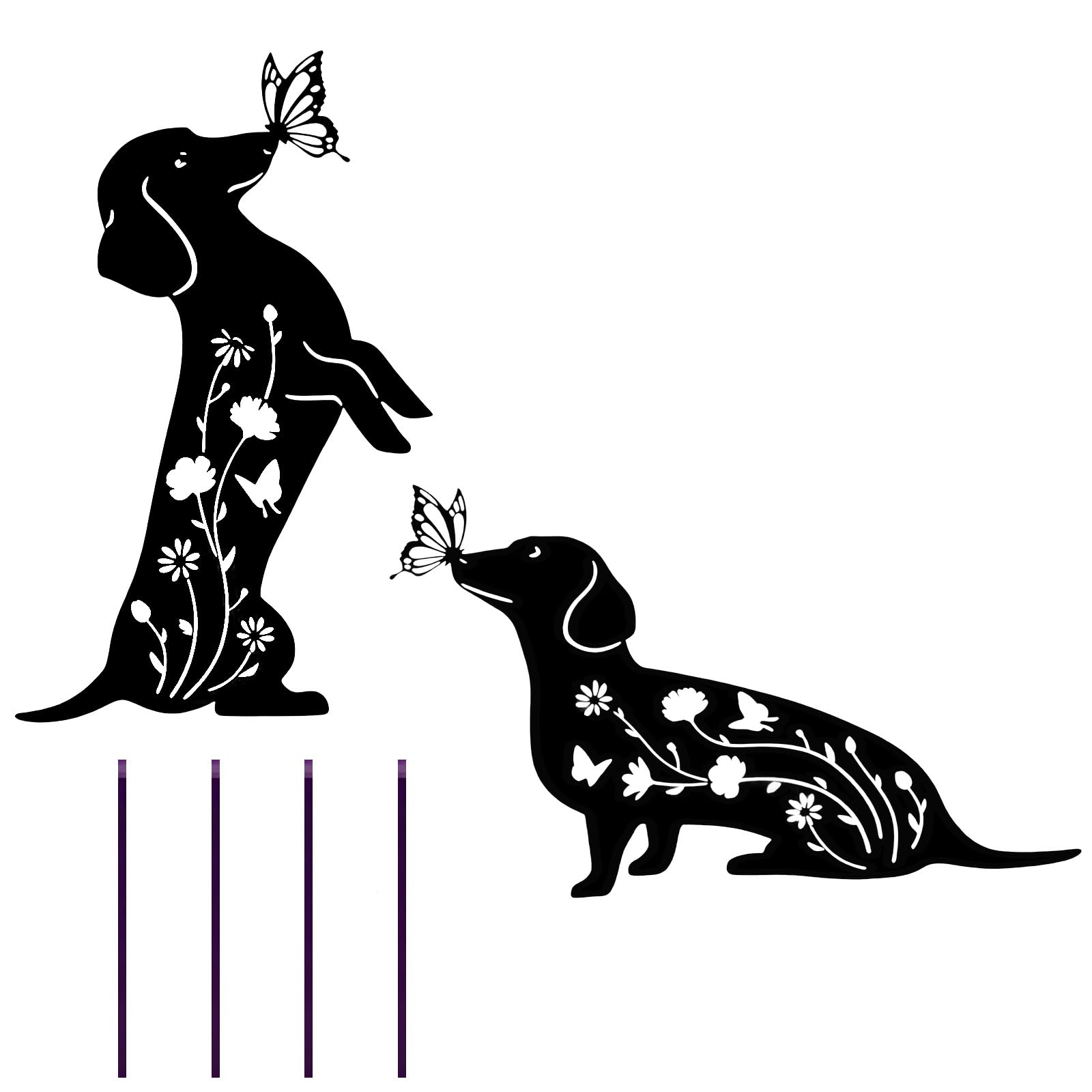 2 PCS Dachshund Metal Garden Ornaments, Dachshund Gifts, Garden Stakes Metal Decorative Silhouette with Floral Pattern, Sausage Dog Gifts, Dog Ornaments for Yard, Lawn, Grassland, Outdoor Decorations