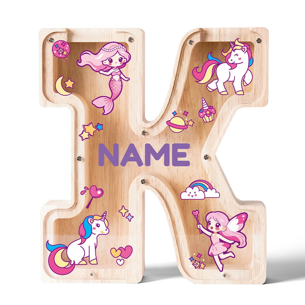 Personalized Wooden Letter Piggy Bank for Kids | Custom Name Alphabet Coin Bank A–Z | Money Saving Box for Boys and Girls | Birthday Gift for Children (K)