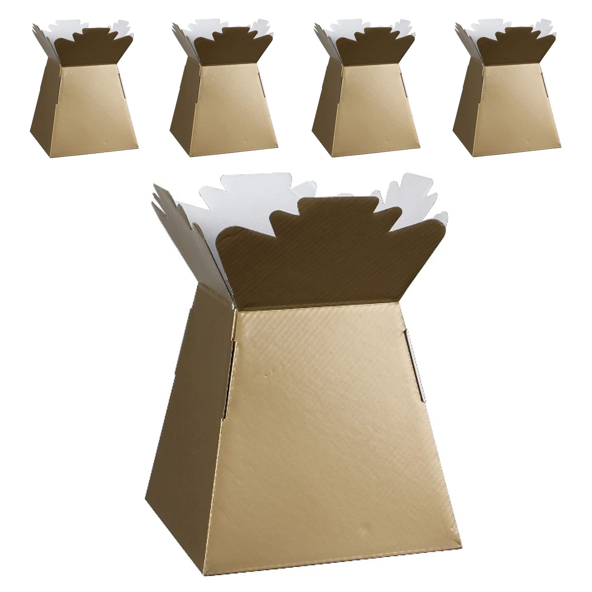 Flower Bouquet Boxes Florist Packaging Gift Craft Box Vase – Holder for Flowers, Bouquets, Plants, Sweets – Decoration for Wedding, Birthday, Anniversary, Floral Arrangement – Pack of 5 – Gold