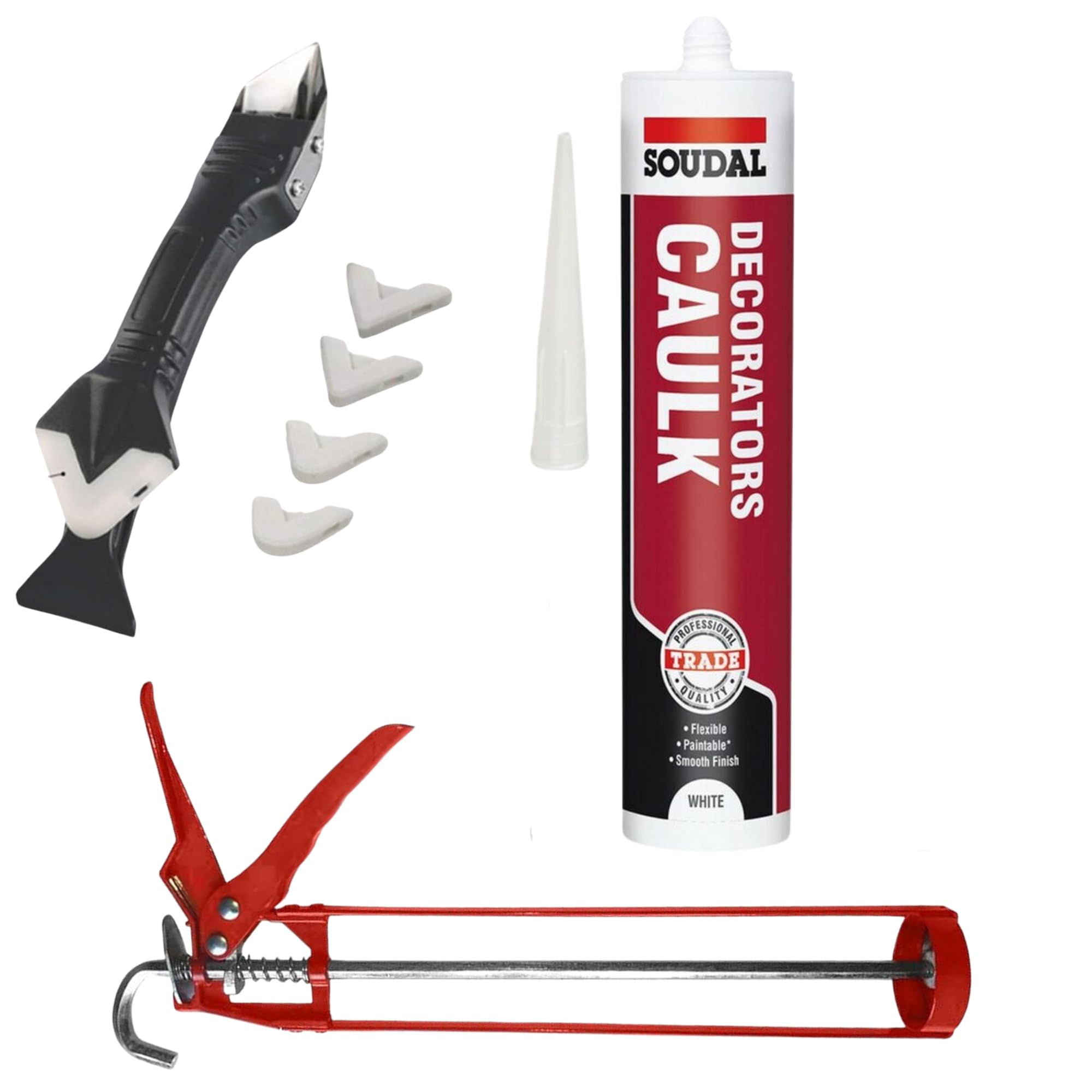 DIY Decorating Bundle: Soudal White Decorators Caulk, Professional Caulking Gun & Silicone Finishing Tool Kit | Perfect for Painting, Decorating, and Caulking Projects