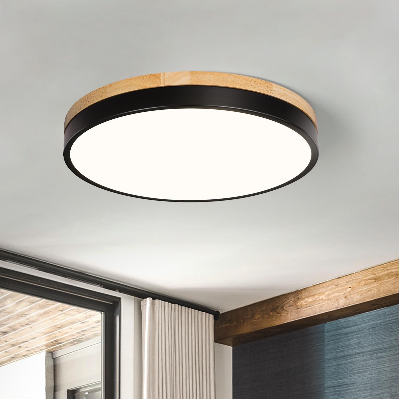 Round LED Flush Mount Ceiling Light Modern Wood Ceiling Light Minimalist Ceiling Lamp Black Ceiling Lighting Fixtures for
