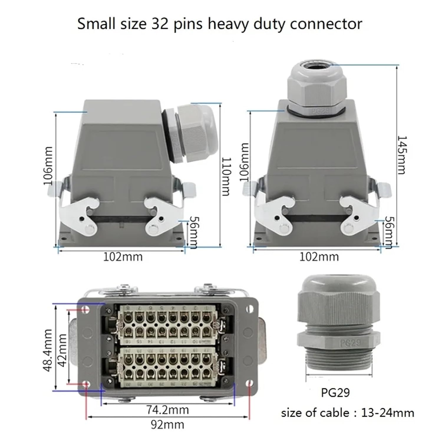 HDC-HA-032 Small Size 32 pins Heavy Duty Connector Industrial Waterproof Socket 250V 10A(32 core Side line)