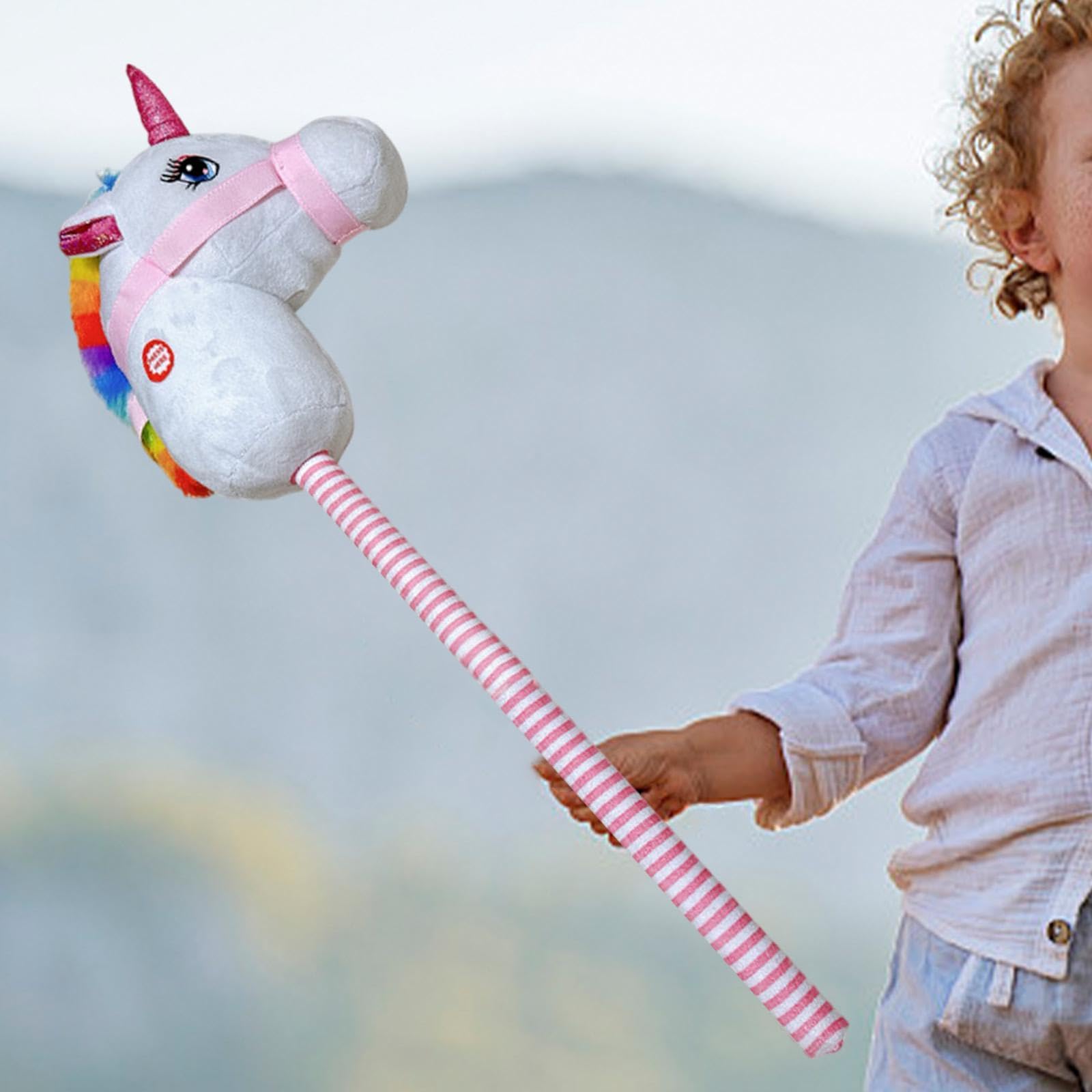 Hobby Horse Bastone Cavallo Peluche Suono Realistico Testa Animale Morbida Giocattolo Interattivo per Bambini Adatto a Casa Esterno Regalo, Arcobaleno Bianco