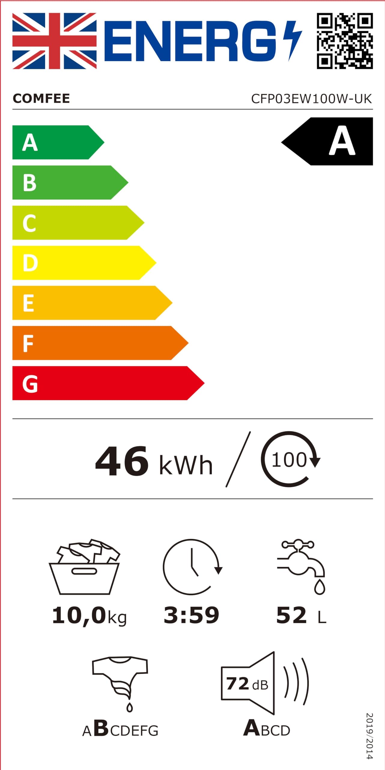COMFEE' Freestanding Washing Machine,10KG Load,A-10% Class, 1400RPM, Steam Care,BLDC Motor,Woolmark,Touch Panel,White-CFP03EW100W-UK — view 9