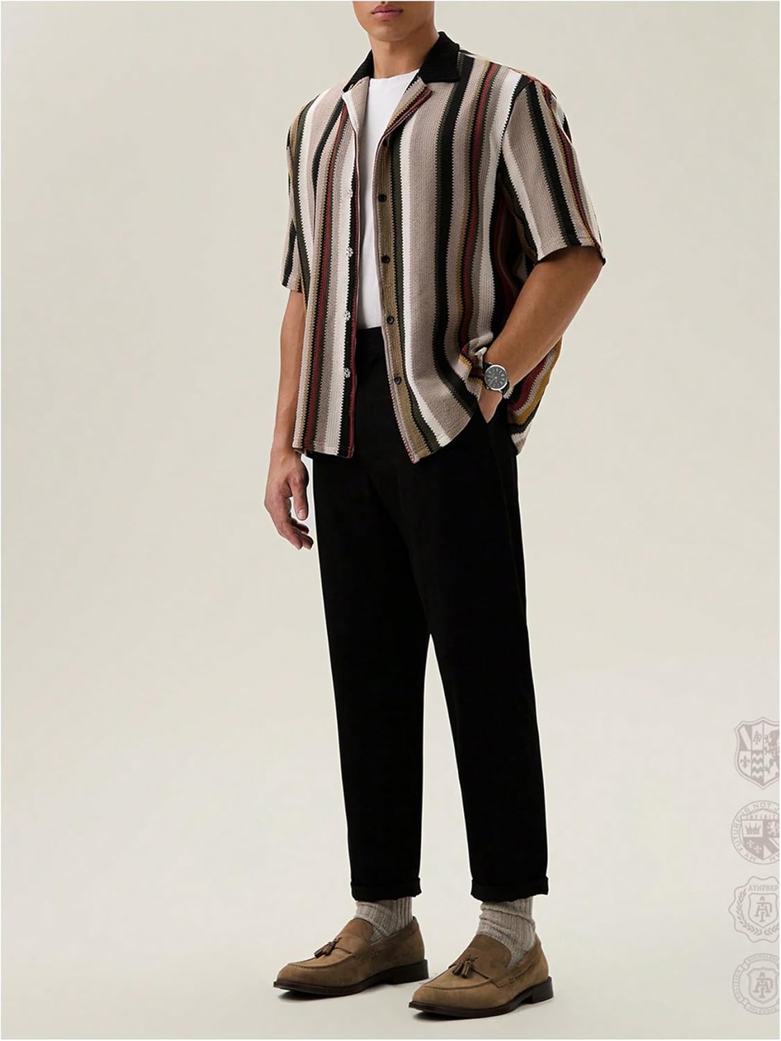 Men's Striped Color Block Button Down Shirts Short Sleeve Casual Vintage Tops Streetwear - Image 5