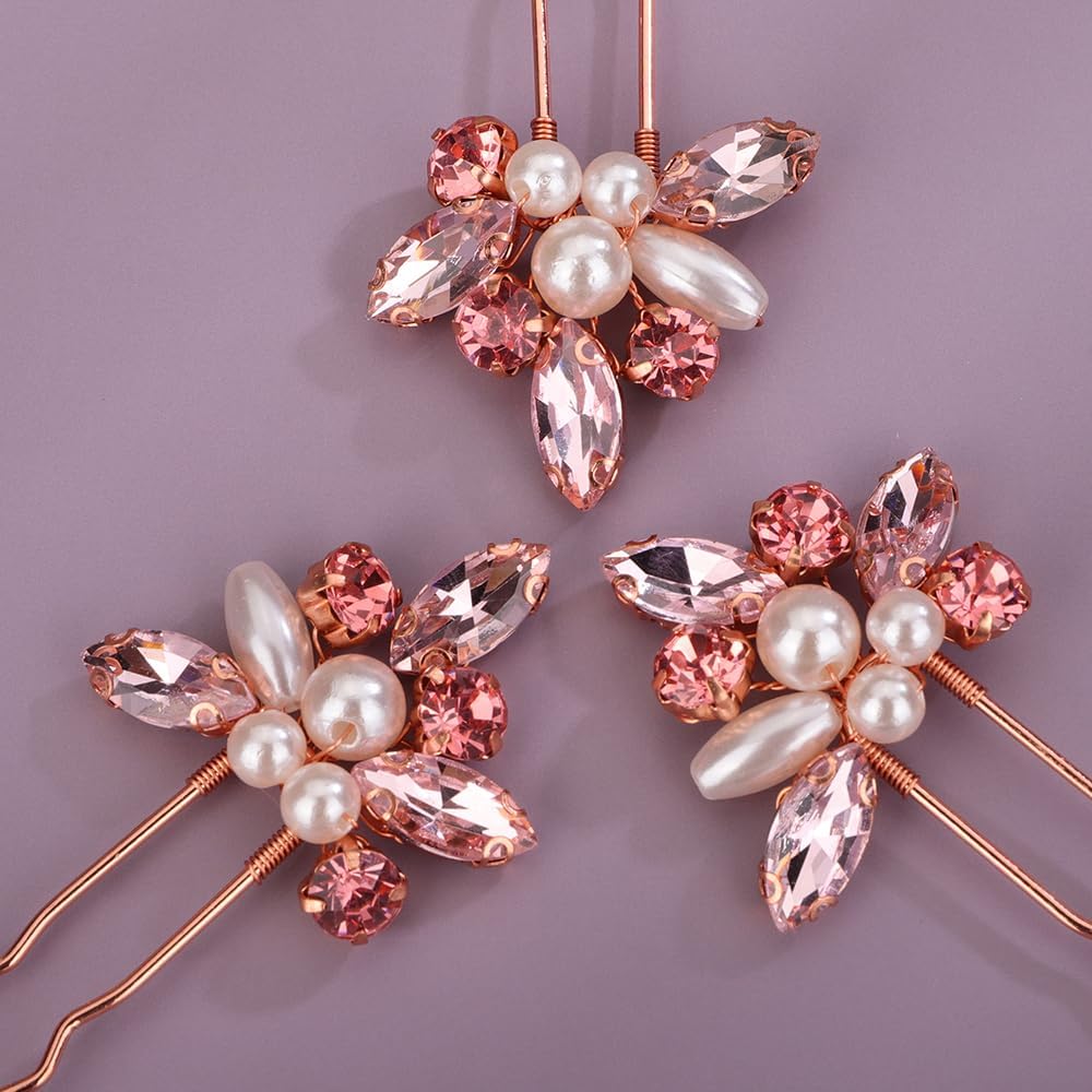 Juego de 6 horquillas de cristal rosa para mujeres y niñas, para boda, novia, peinado, joyería hecha a mano (rosa)