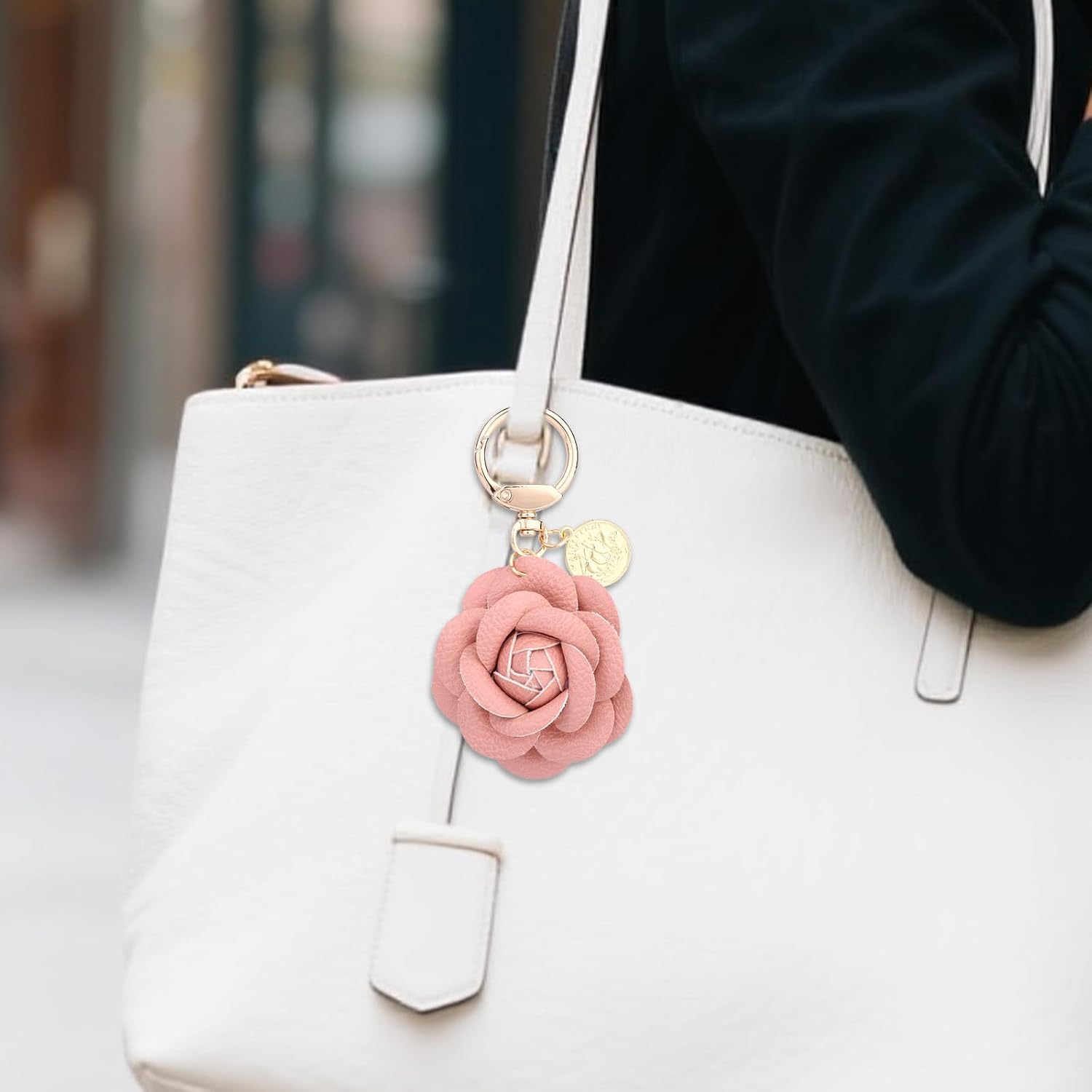 Leather Bag Charm, Pink Key Ring PU Chain Leather Flower Keychain Elegant Rose Purse Charms Floral Keyring for Women Handbags Decoration - Image 7