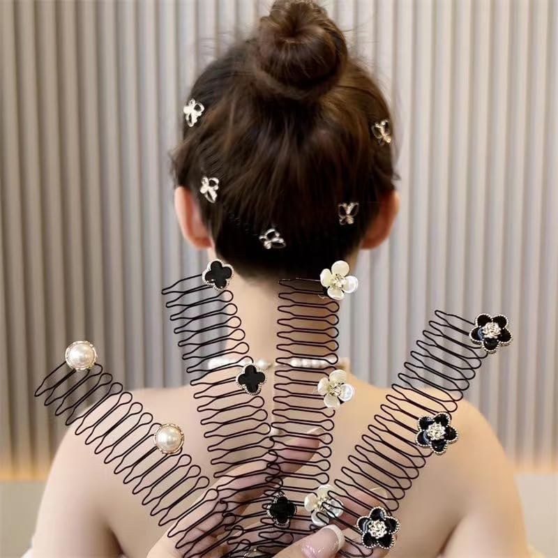 ORYNTH Single Floral Decorative Hair Comb, Black Spring Clip with White Pearl Flower Accent, Elegant and Functional Hairpin for Updos, Weddings, Birthdays, and Daily Fashion, 2 Pcs - Multi. 1