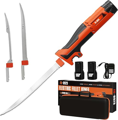 12V Cordless Electric Fillet Knife, 8" Flexible & 10" Rigid Blades, 2x 1500mAh Batteries, 1.5H Fast Charger, Safety Lock, Non-Slip Handle, Carry Case for Outdoor Fishing Filleting,Orange