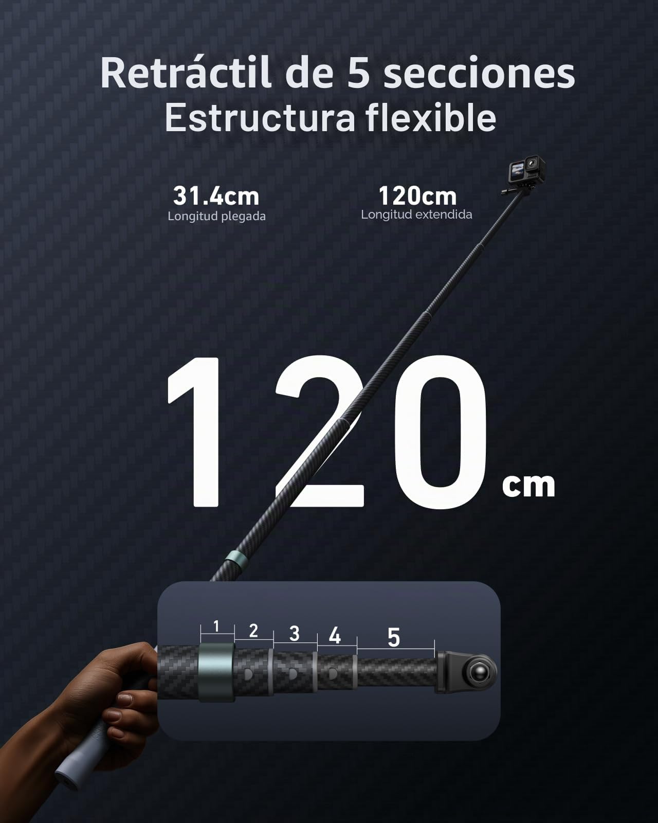 TELESIN 120cm Selfie Stick con trípode para GoPro Insta360 dji, Monopod de Extensión de Fibra de Carbono Ligero para Go Pro Hero 13 12 11 10 9 8 MAX Insta360 dji Osmo 360 Action 6 5pro 4 3