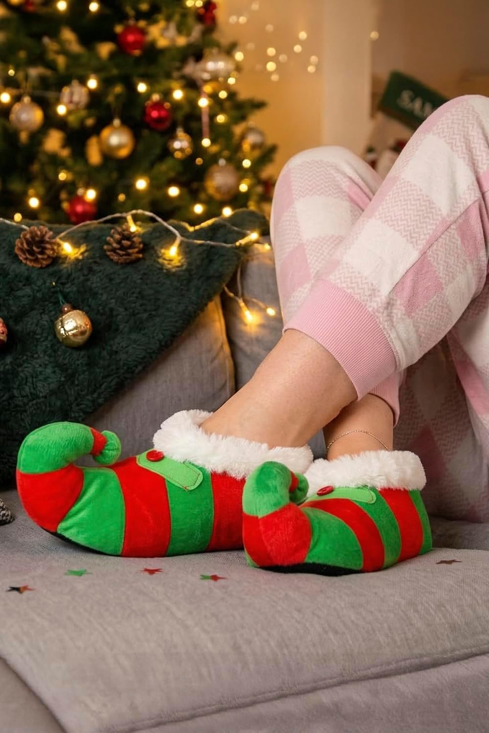Novelty Funky Plush Fleece Lining Christmas Elf Slippers for Kids in Red & Green (L, Red & Green, large)