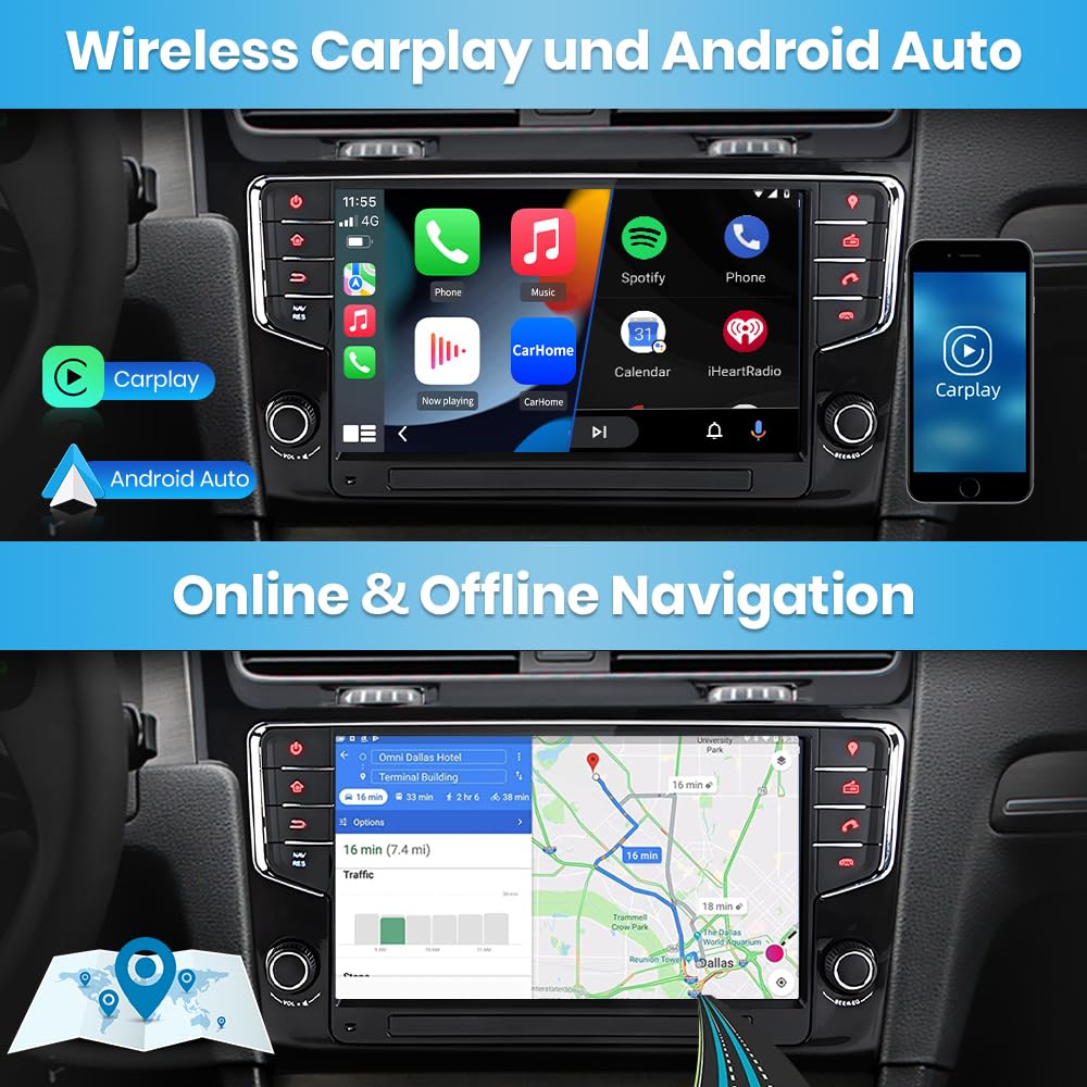 Junsun Android Autoradio für VW Golf 7 / VII (2013-2017) 2GB+32GB with 9 Zoll Touchscreen CarPlay, Android Auto, FM Radio, Bluetooth, WLAN, Navigtion, Lenkradsteuerung