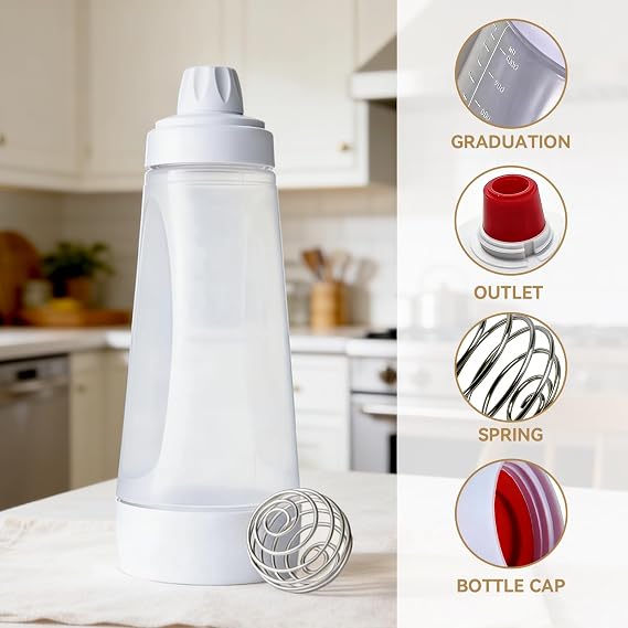 Pancake Dispenser, 2 Pcs Hand Batter Mixing Bottle with White Color 1000ml Capacity, Pancake Batter Dispenser for Cupcake Pancakes Crepe Batter