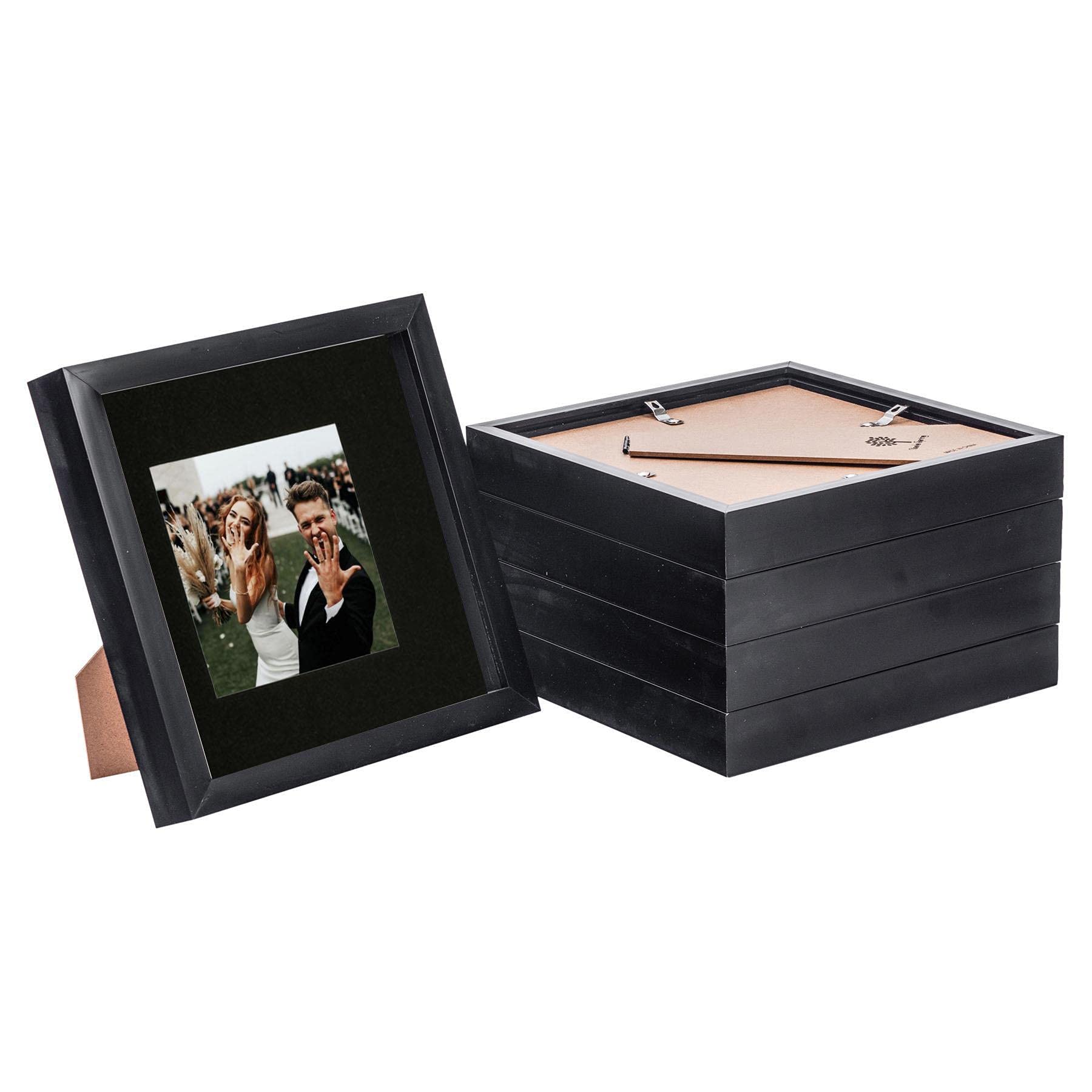 Nicola Spring 5 Piece 8 x 8 3D Shadow Box Photo Frame Set - Craft Display Picture Frame with 4 x 4 Mount - Glass Aperture - Black/Black