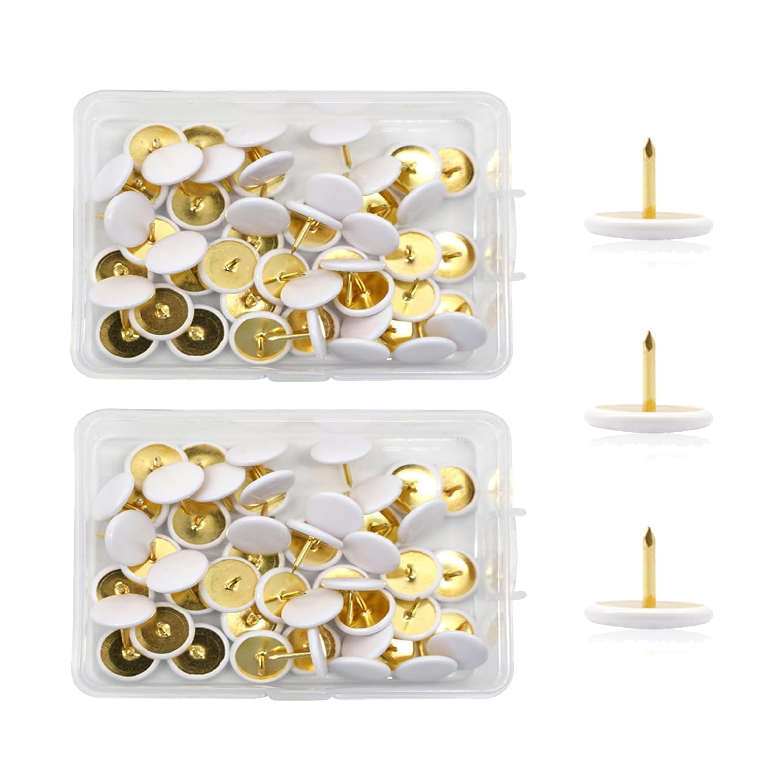 Lunpog White-200Pcs 200 Pcs White Drawing Pins, Round Head Thumbtacks, Metal Push Pins With Storage Box Gold Steel Tip Flat Lap Pins For Pinboard, Bulletin Board, Office, Home