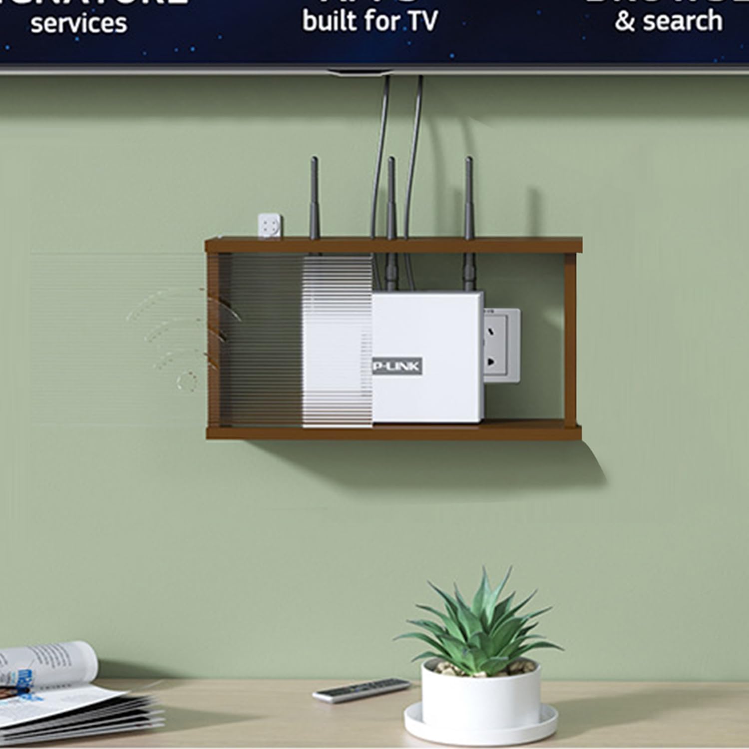 Wooden Router Cabinet & Media Storage Box - Hide WiFi Router, Cables & Devices With Adjustable Shelves (Brown)
