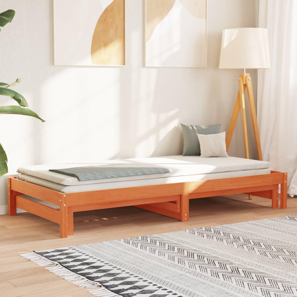 vidaXL Sofá Cama con Nido, Cama de Invitados, Somier de Dormitorio, Sofá Descanso para Salón Sótano, Madera Maciza de Pino Marrón Cera