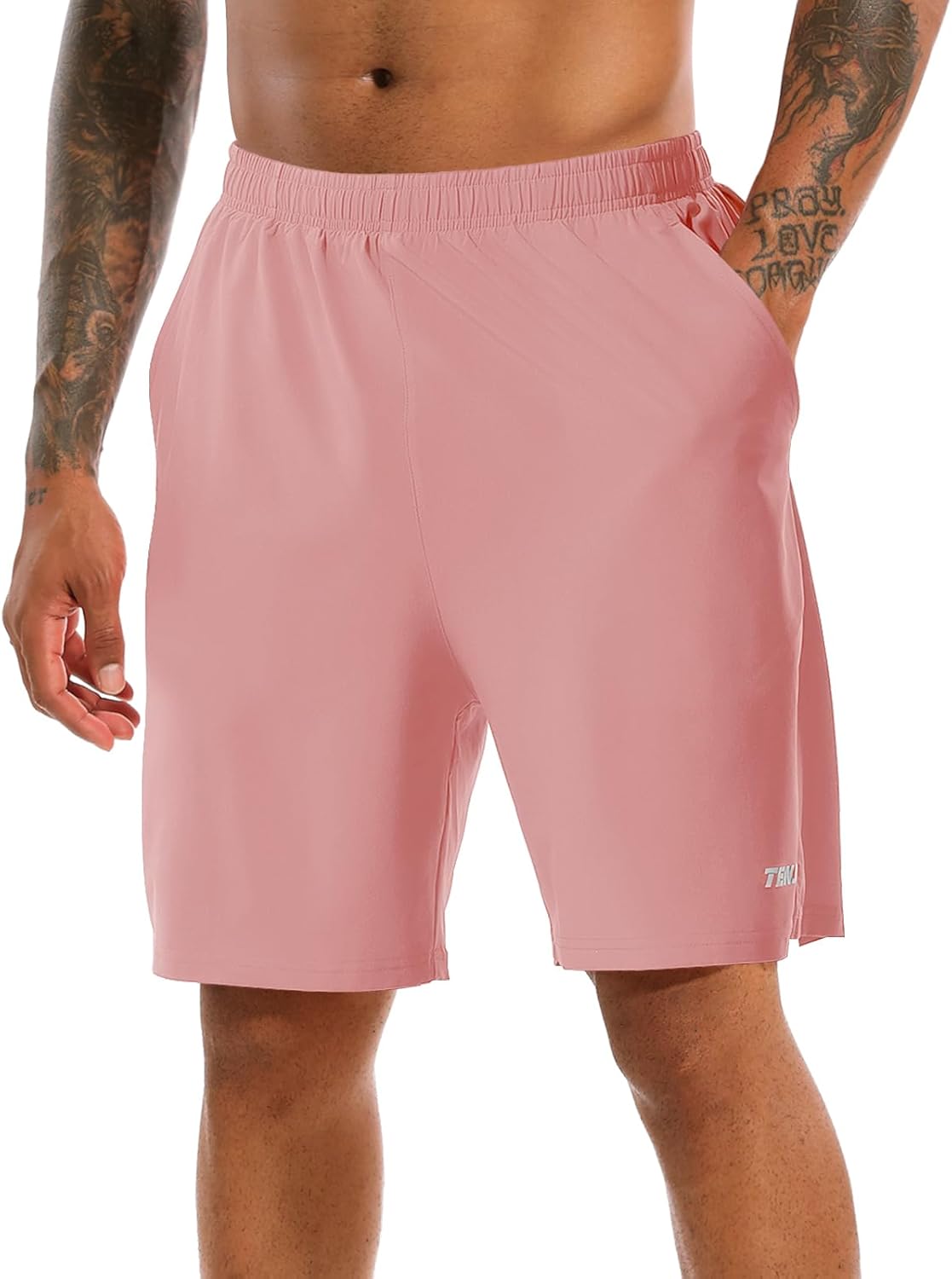 TENJOY Men's 2 in 1 Running Shorts 7" Quick Dry Gym Athletic Workout Shorts for Men with Phone Pockets Light Pink - Image 2