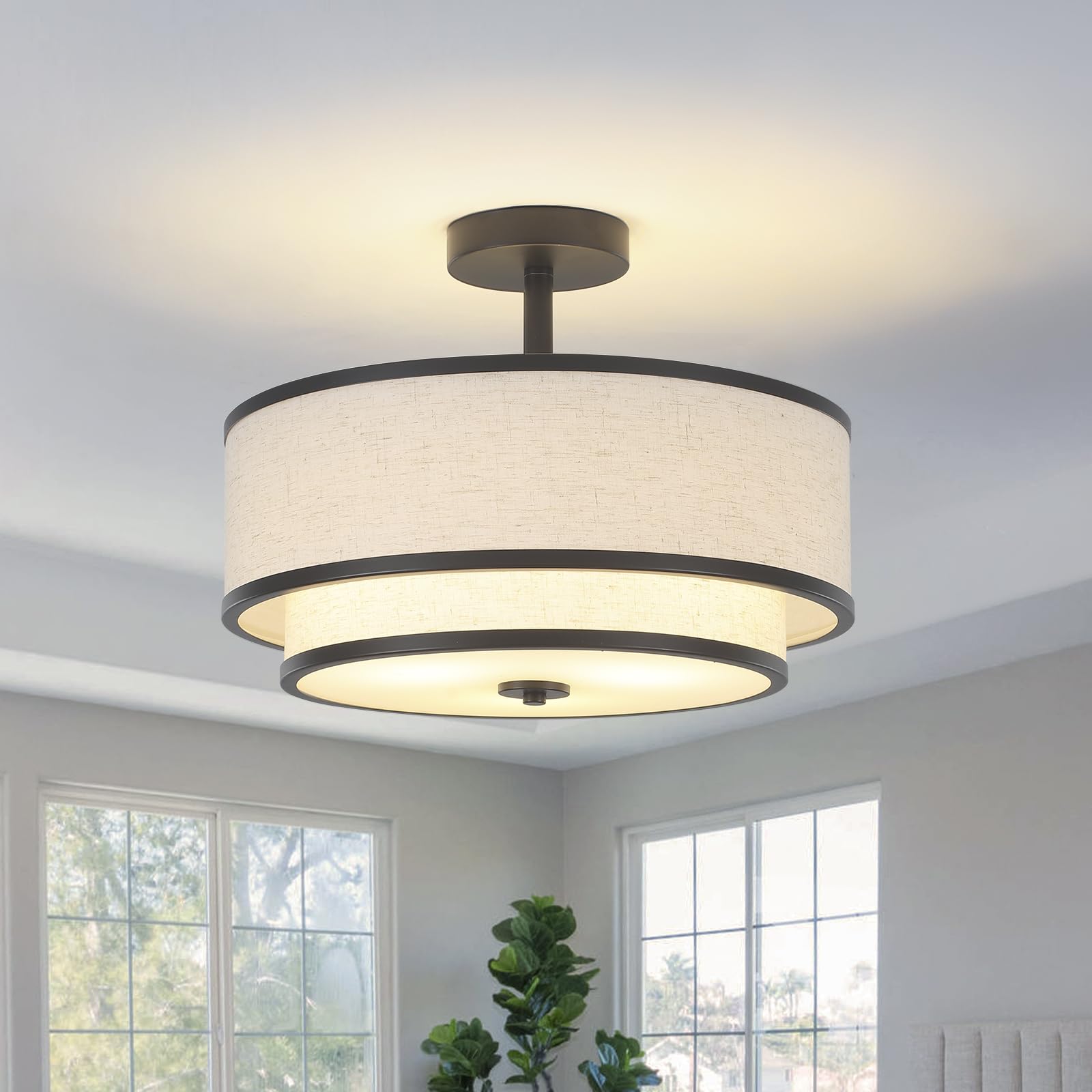BUXVRCS Semi Flush Mount Ceiling Light Fixture Modern Light Fixtures Ceiling Mount with Fabric Shade 3-Light Double Drum