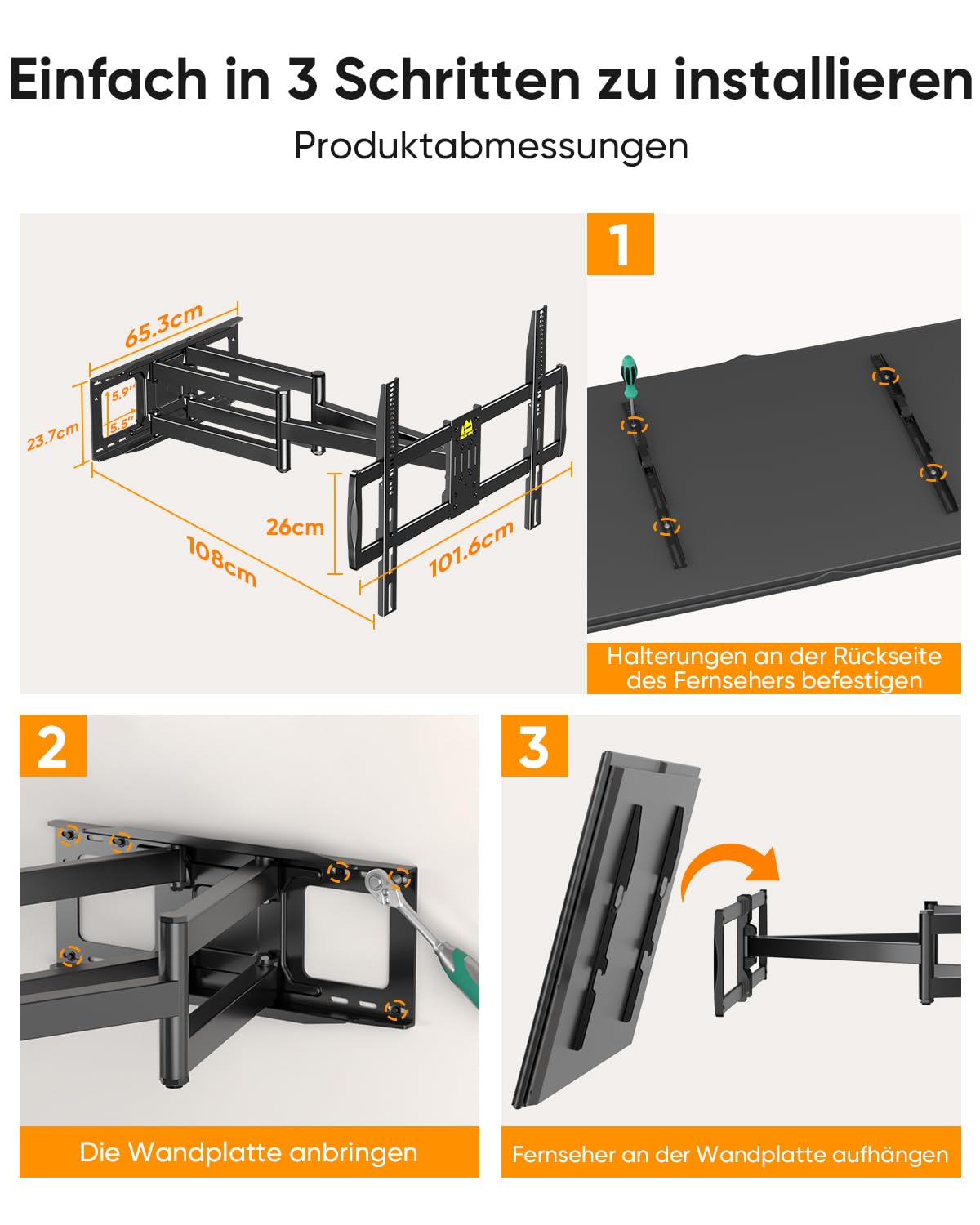FORGING MOUNT TV Wandhalterung für 60–120 Zoll Fernseher bis zu 125 kg | Doppelarm mit 1090 mm Auszug, Schwenkbare Neigbare TV Halterung Vollbewegung, Max. VESA 900x600mm, für extra Starke XXL TV