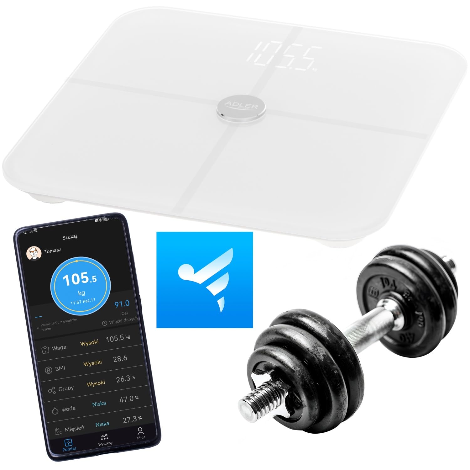 ADLER Báscula corporal inteligente blanca - 12 parámetros de salud, capacidad de 180 kg